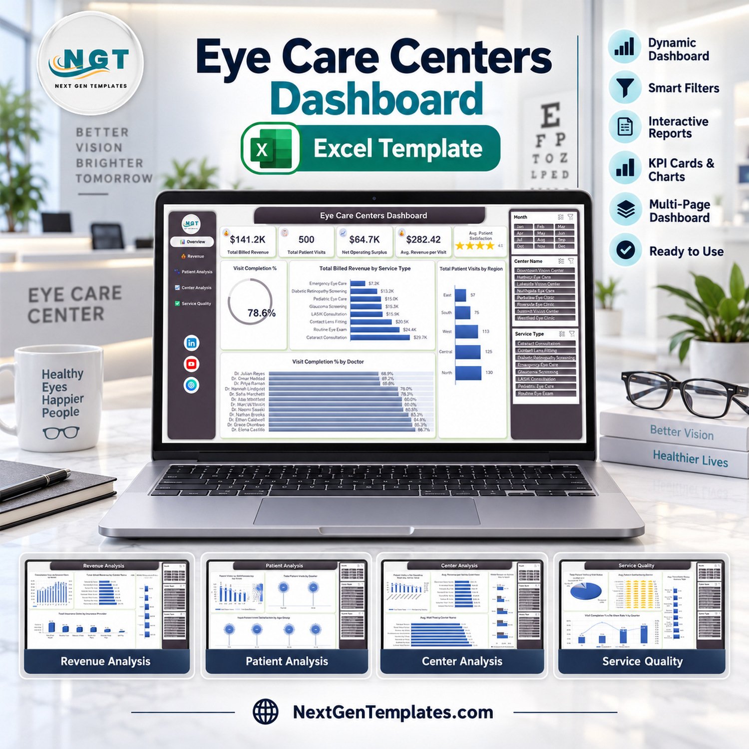 Eye Care Centers Dashboard in Excel product feature image showing the workbook overview and four analysis pages