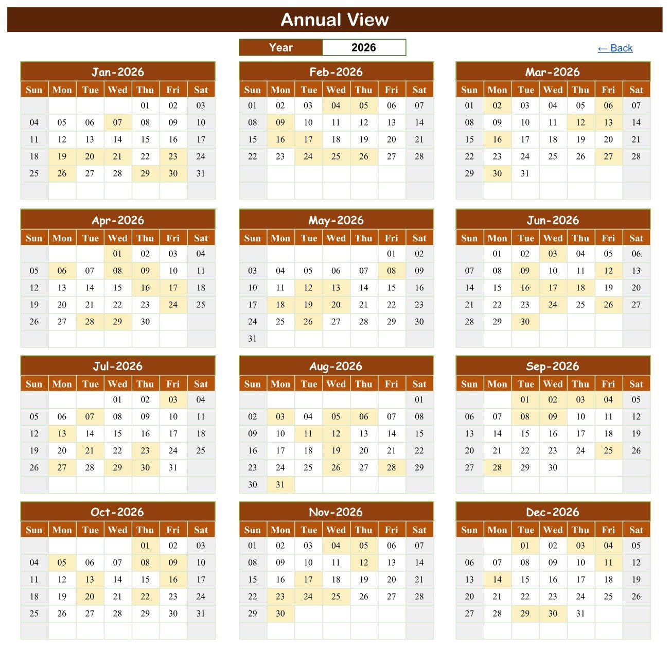 Faculty Workload Calendar in Google Sheets annual view