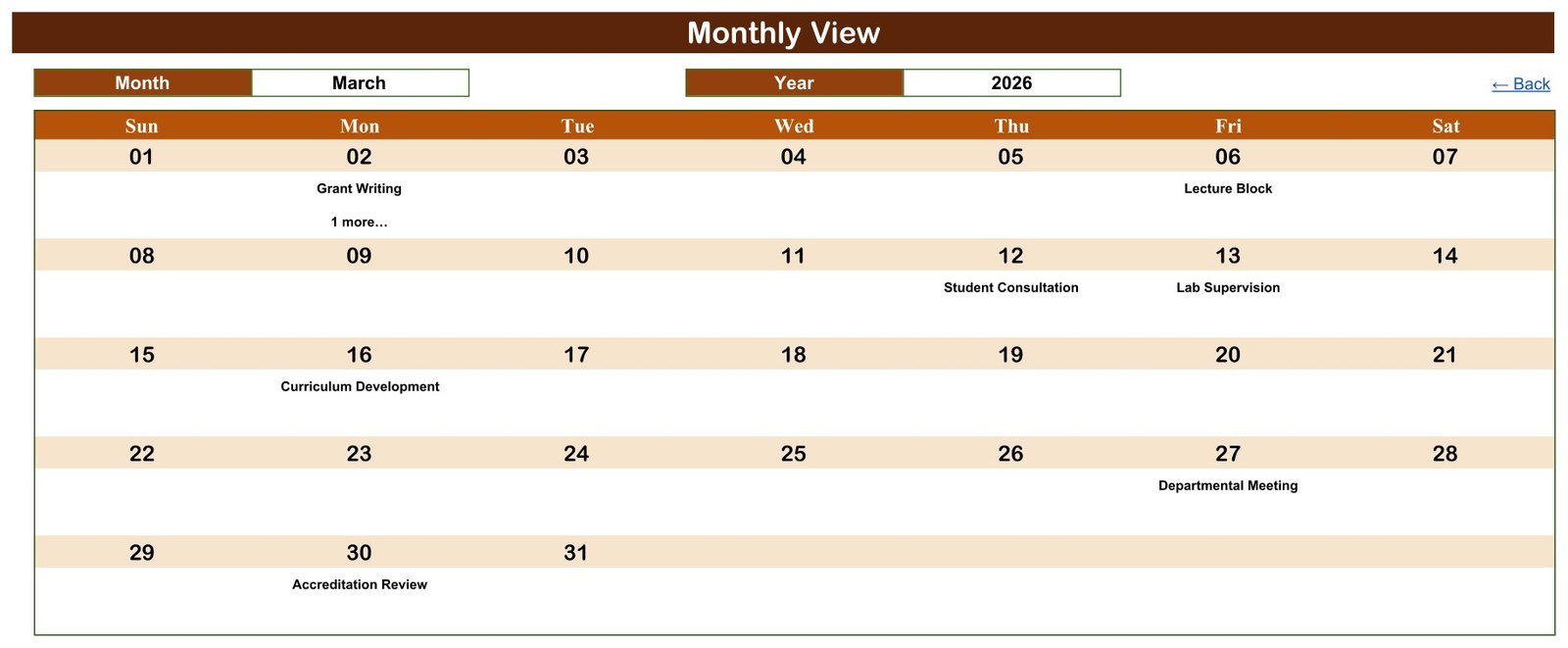 academic workload calendar monthly view March 2026