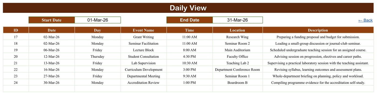 faculty workload planner daily view date range