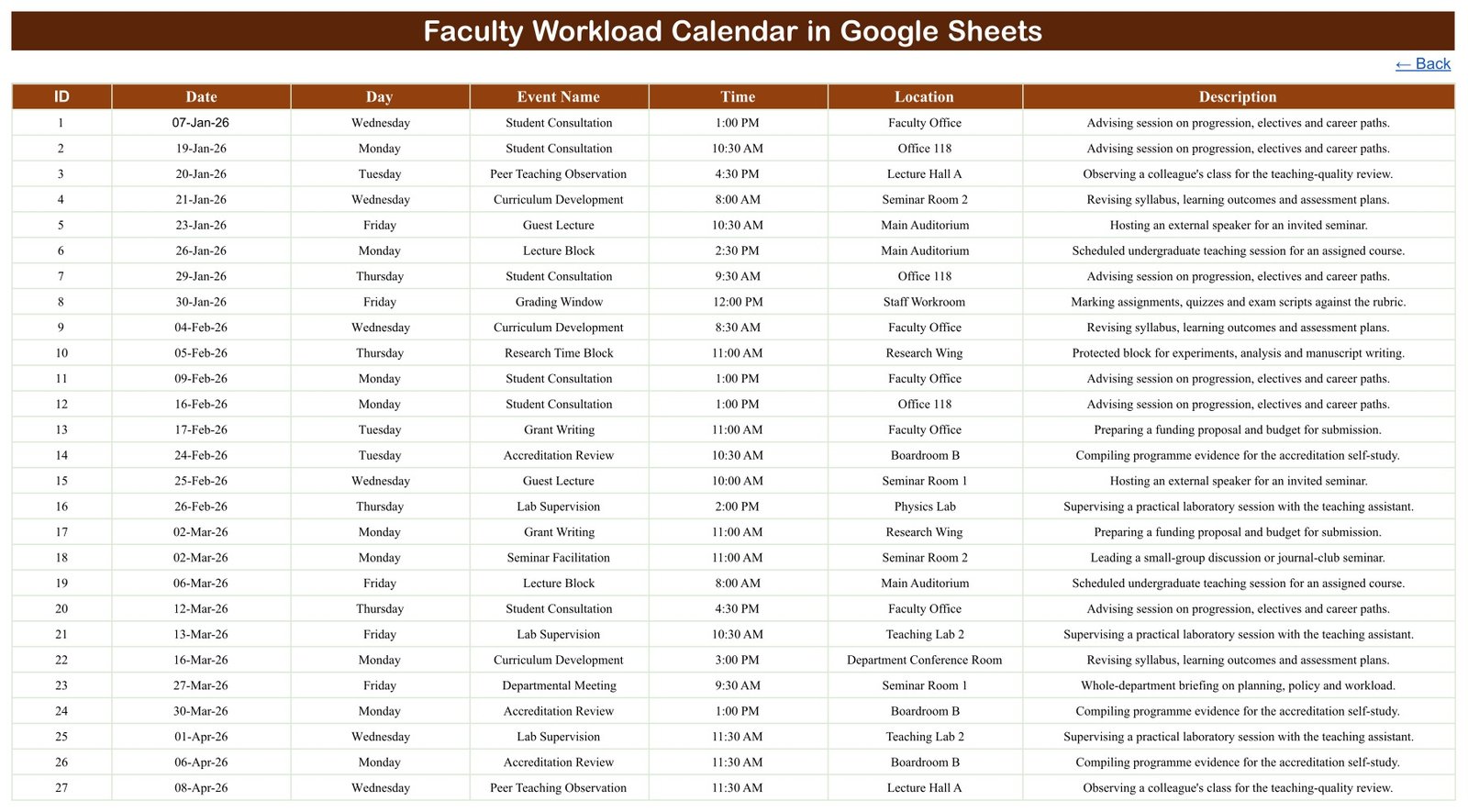 faculty workload calendar events register
