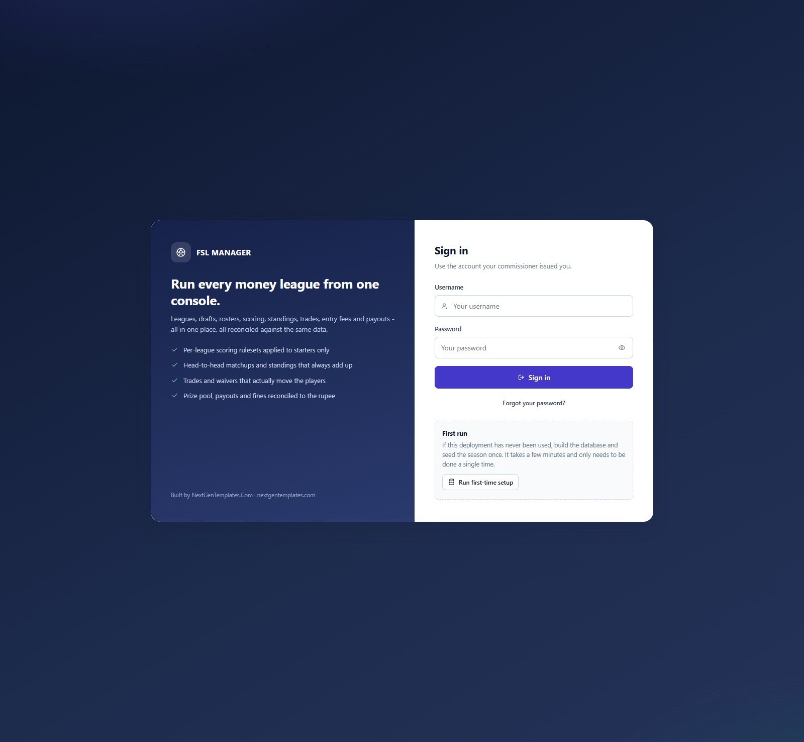 Fantasy Sports League Management System Web App sign-in screen with first-run setup panel