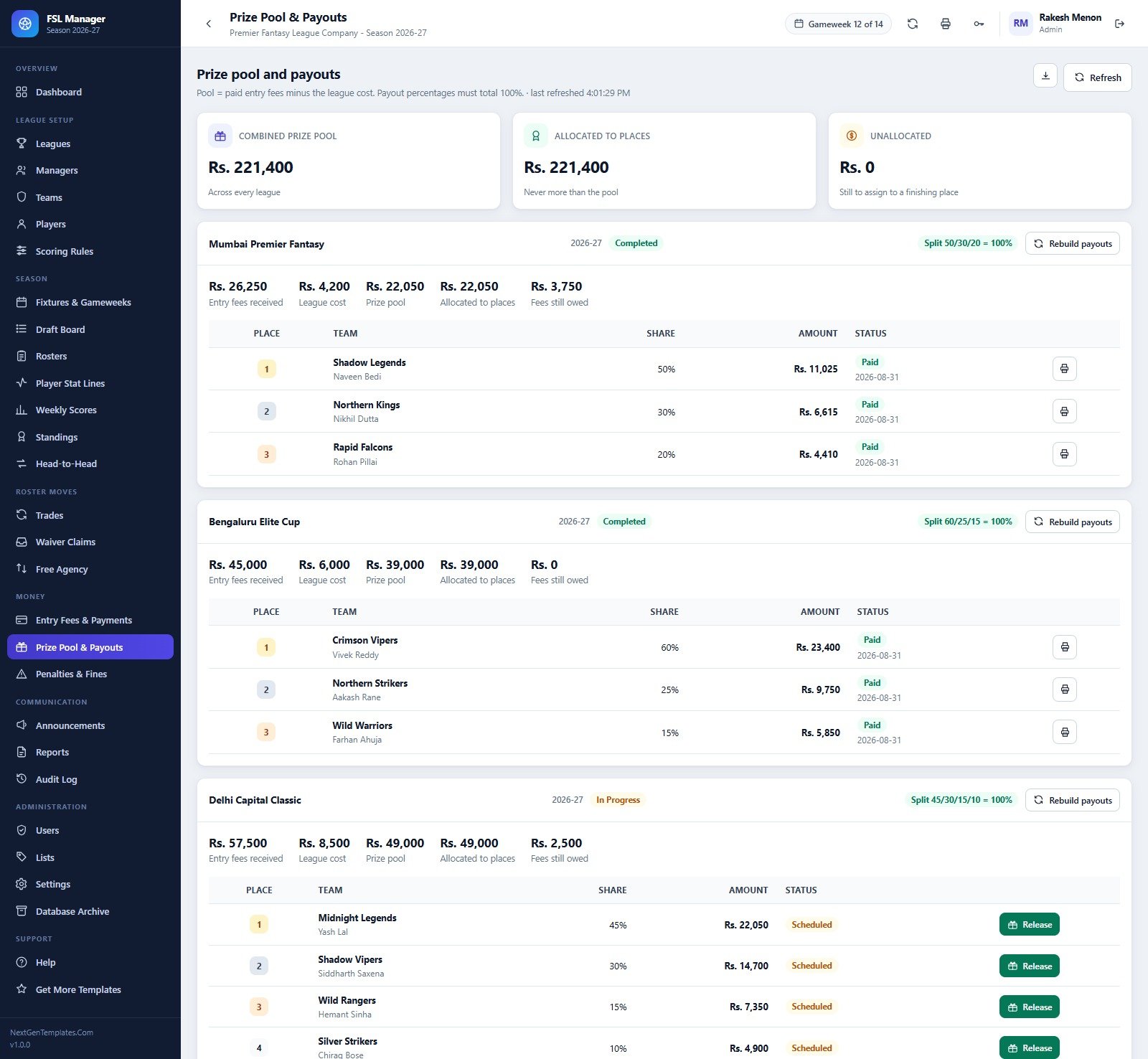 Prize pool and payouts screen with per-league payout splits and released prizes