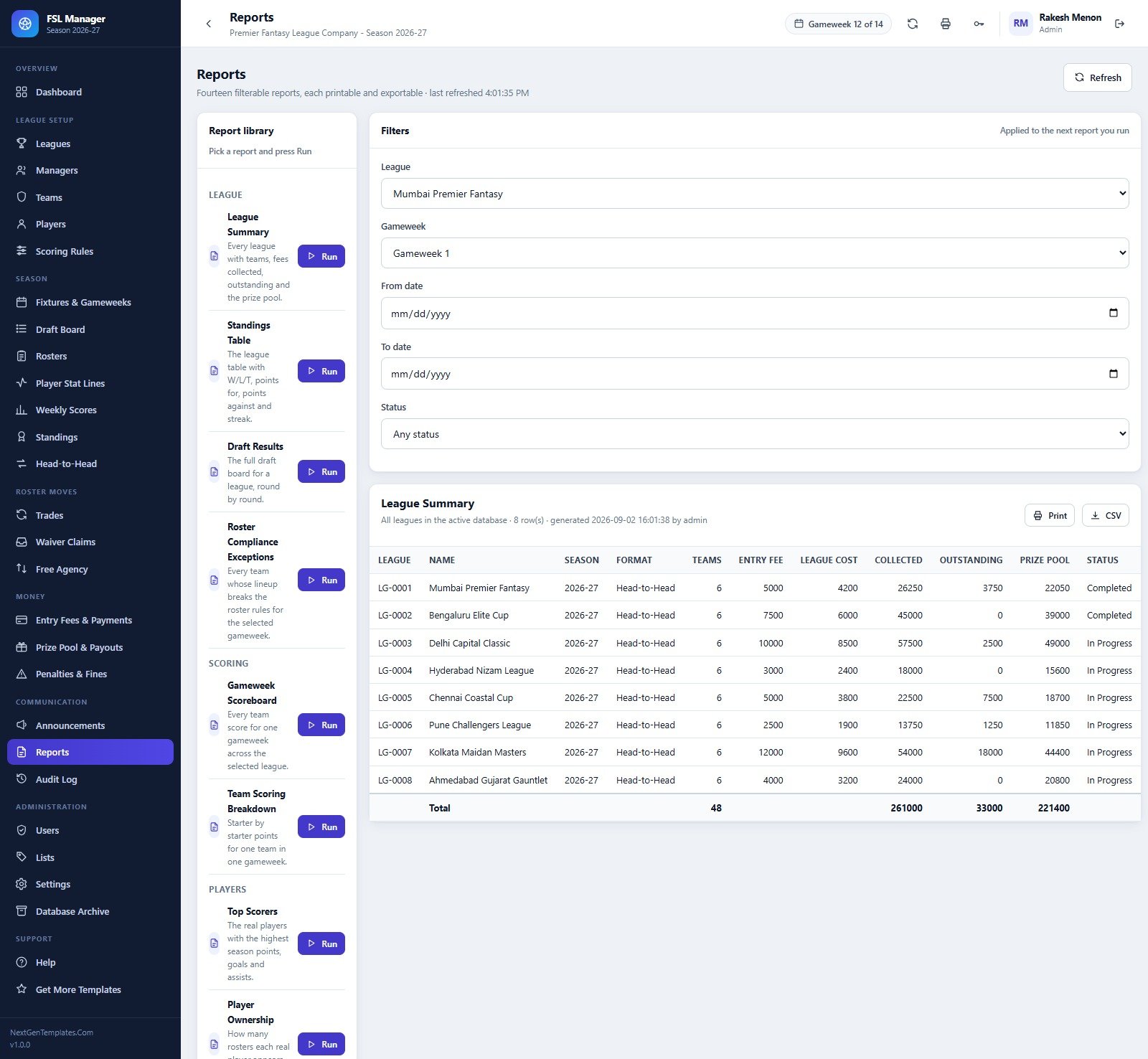 Reports library with the league summary report and filters