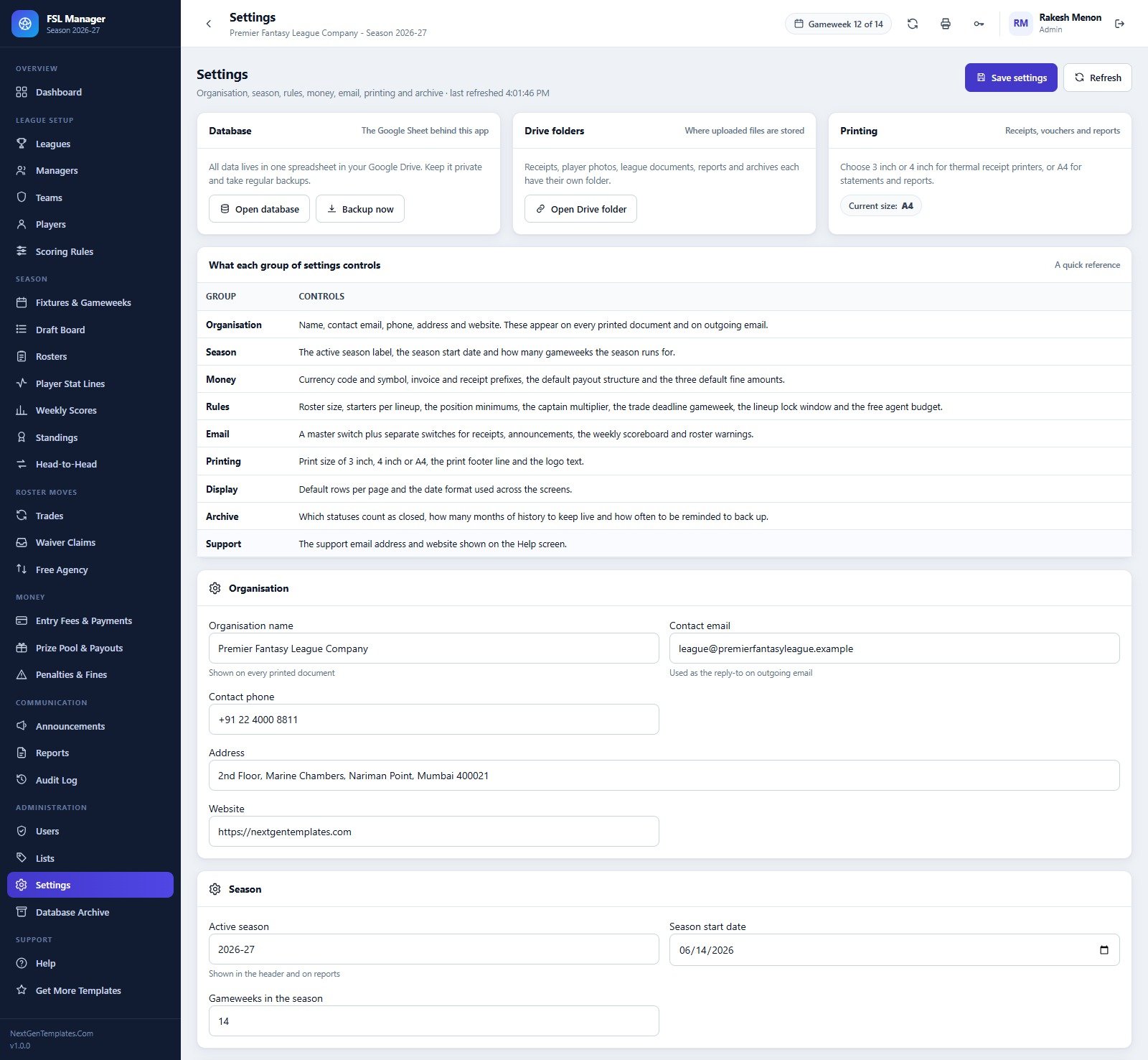 Settings screen showing organisation, season, money, rules and printing groups