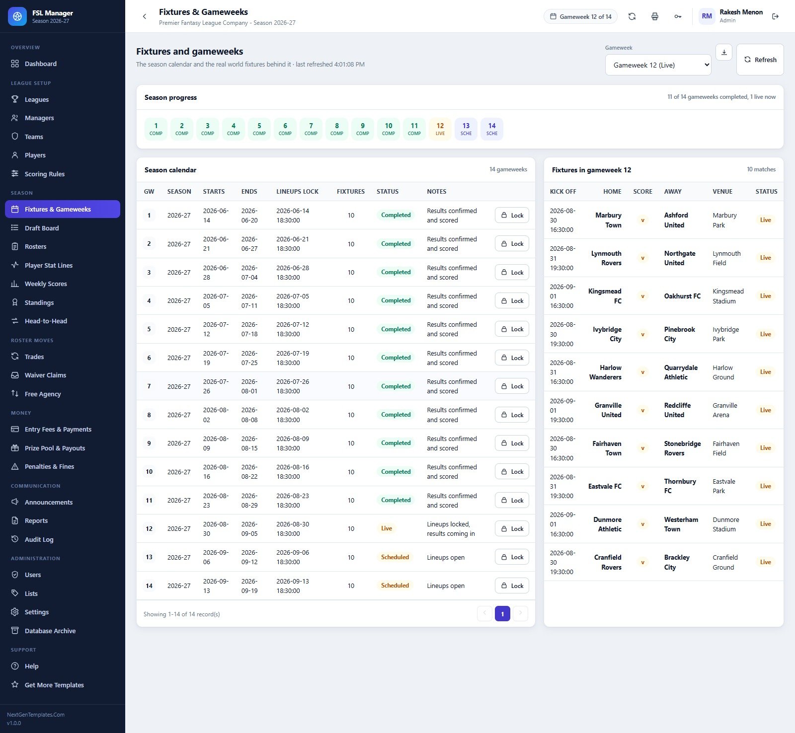 Fixtures and gameweeks screen showing 14 gameweeks and the live gameweek fixtures