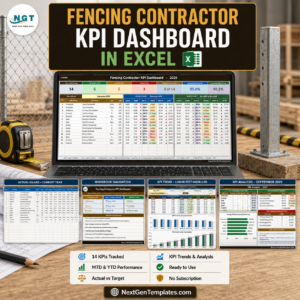 Fencing Contractor KPI Dashboard in Excel - 14 KPIs tracked, MTD and YTD performance, actual vs target, KPI trends and analysis
