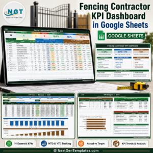 Fencing Contractor KPI Dashboard in Google Sheets product image showing the 14-KPI MTD and YTD scorecard