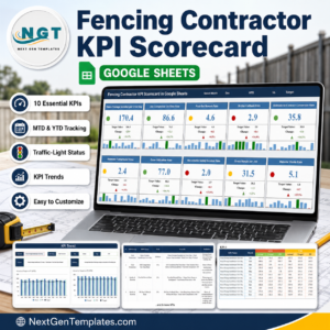Fencing Contractor KPI Scorecard in Google Sheets - product cover showing the scorecard, KPI trend, KPI definition and input data pages