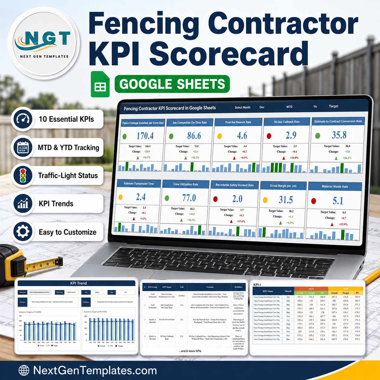 Fencing Contractor KPI Scorecard in Google Sheets - product cover showing the scorecard, KPI trend, KPI definition and input data pages