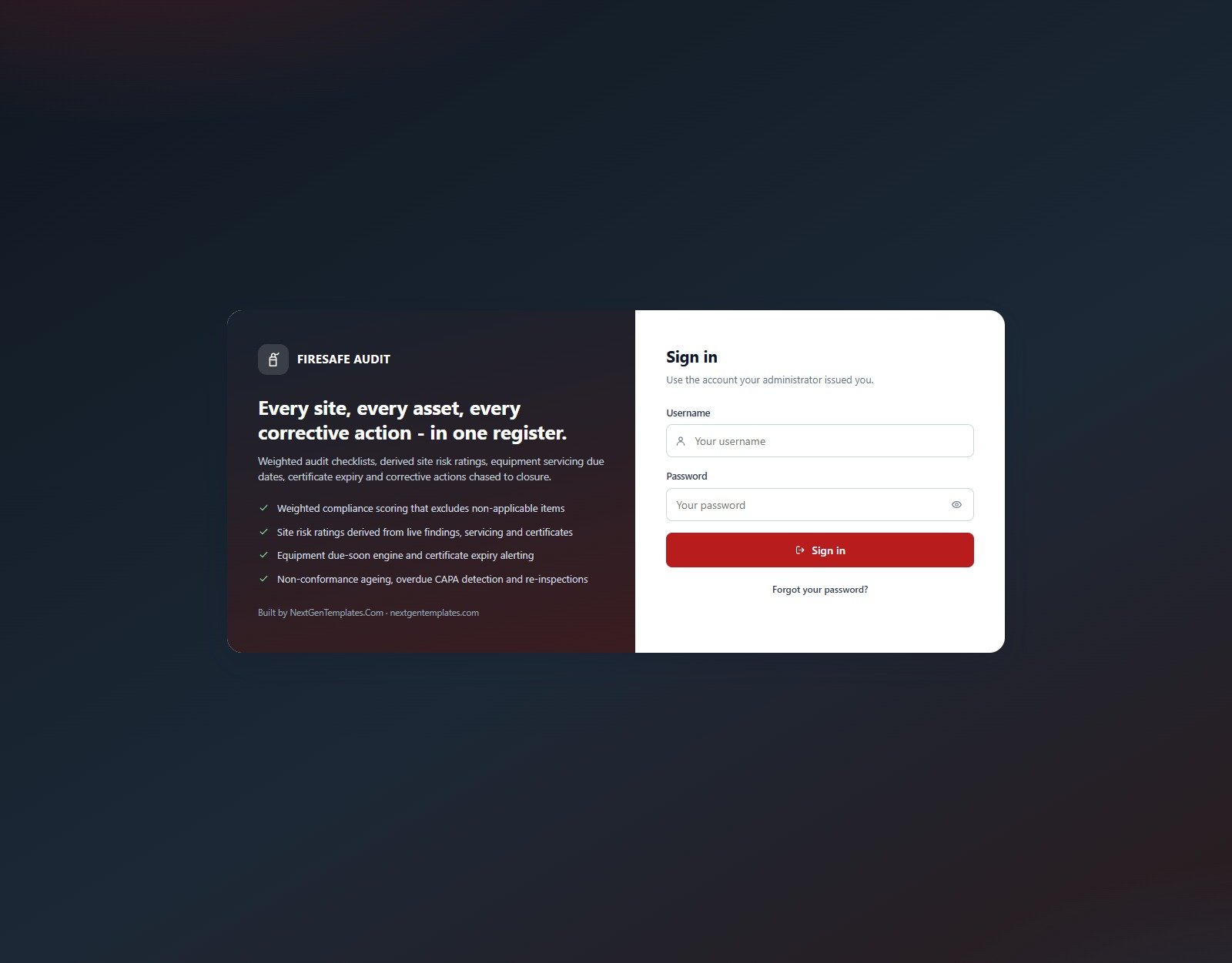 Fire & Safety Audit Management System Web App sign-in screen showing the FireSafe Audit branding and role-based login