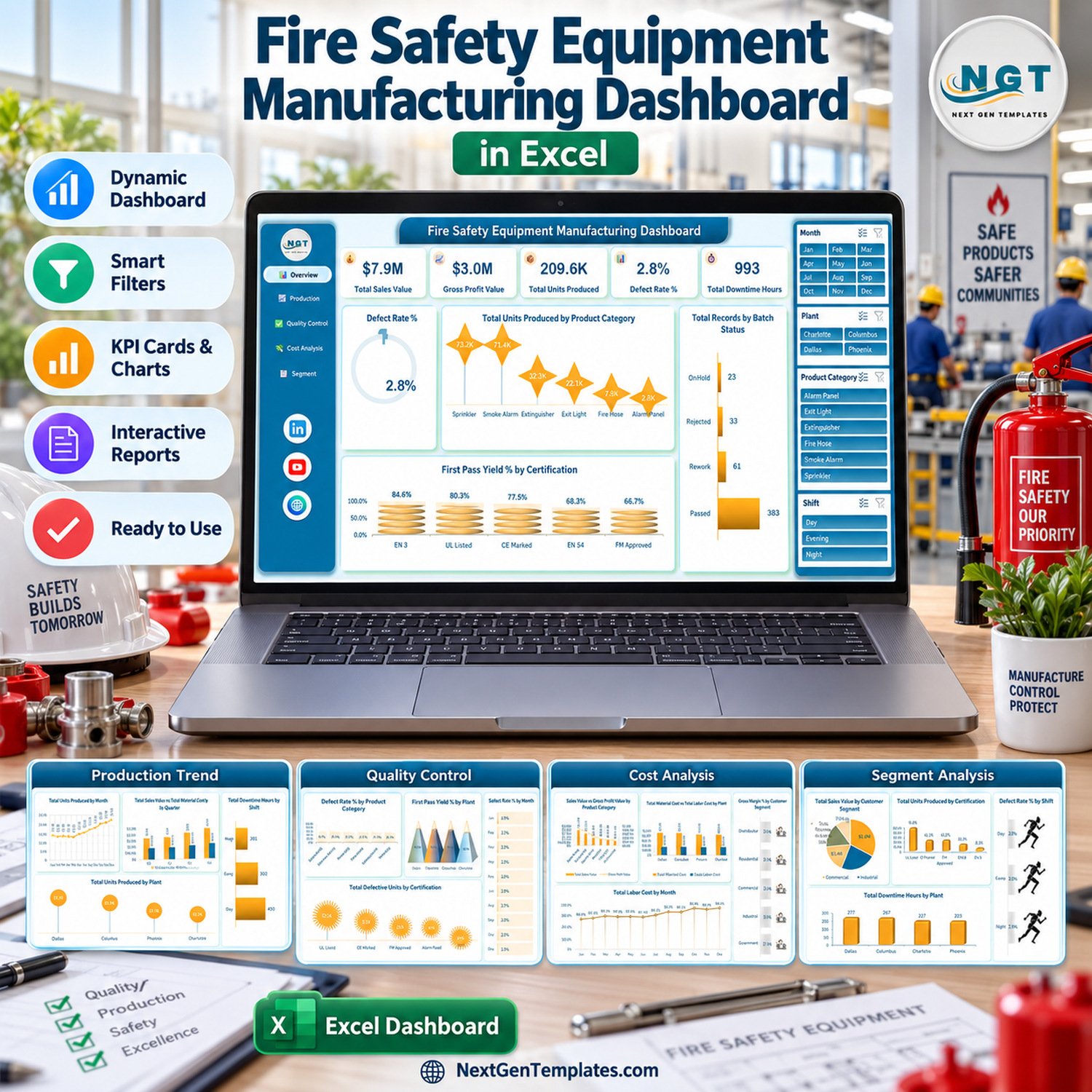 fire safety equipment manufacturing dashboard in Excel