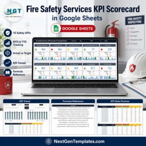 Fire Safety Services KPI Scorecard in Google Sheets product cover showing the 10-KPI scorecard on a laptop