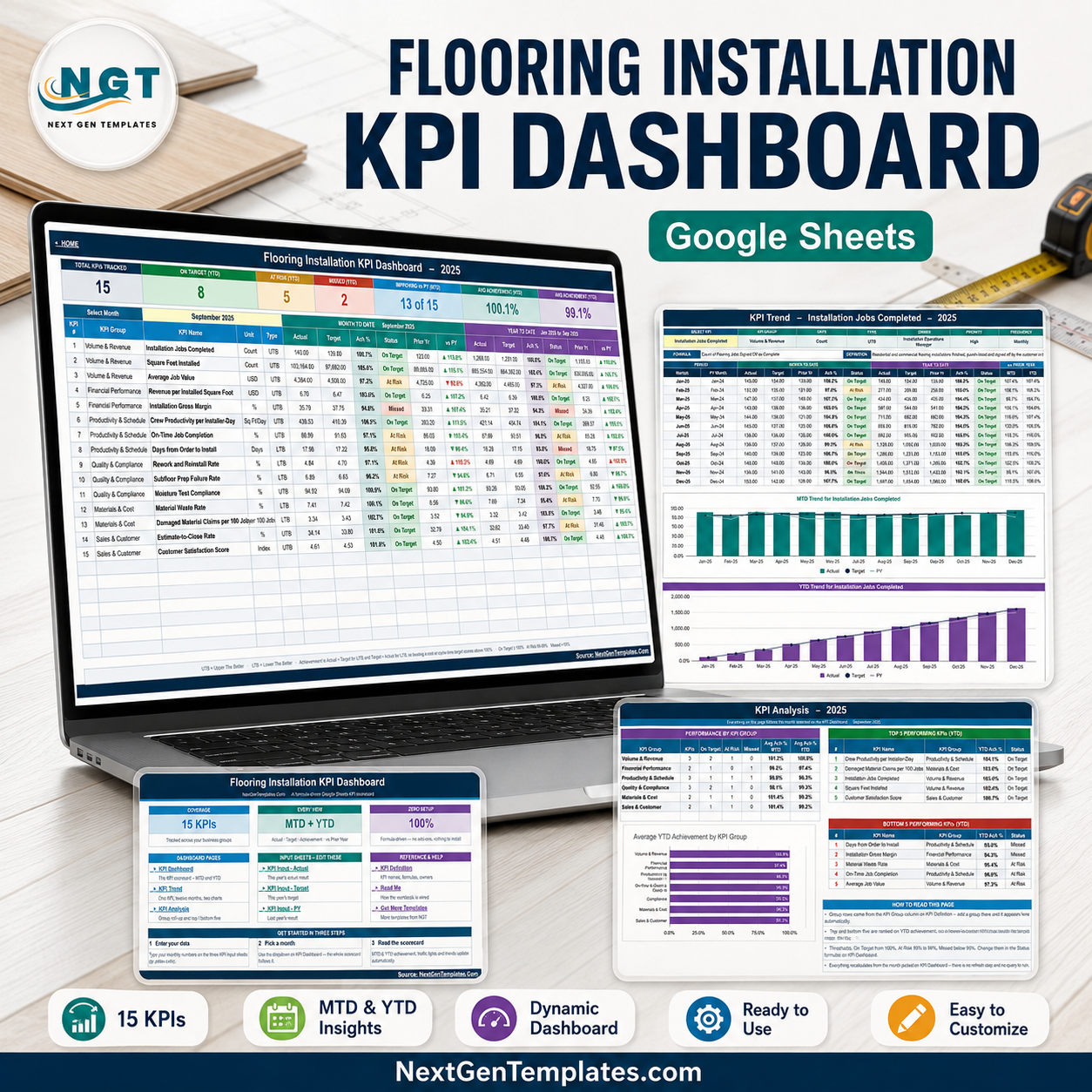 Flooring Installation KPI Dashboard in Google Sheets product cover