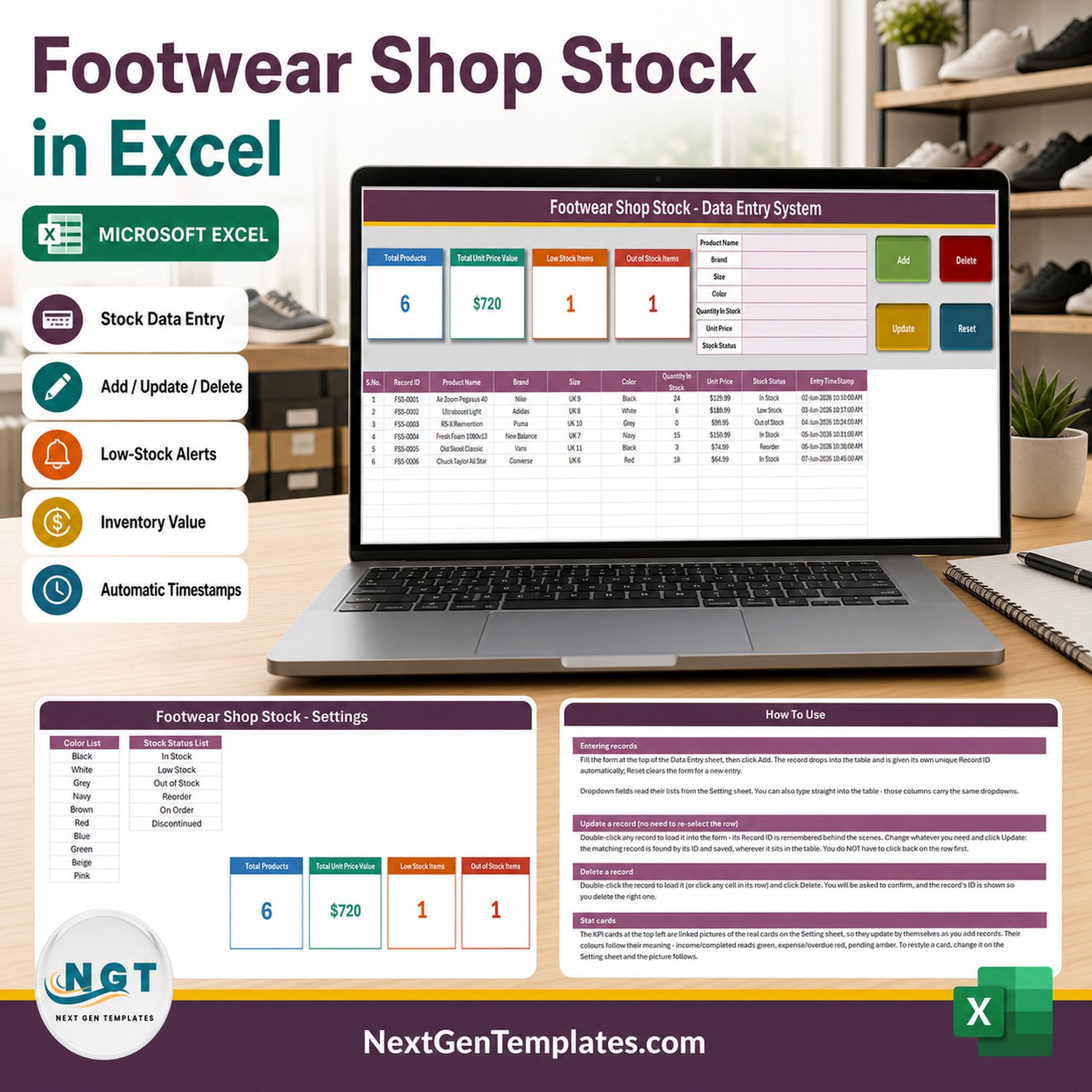 Footwear Shop Stock Data Entry System in Excel product cover