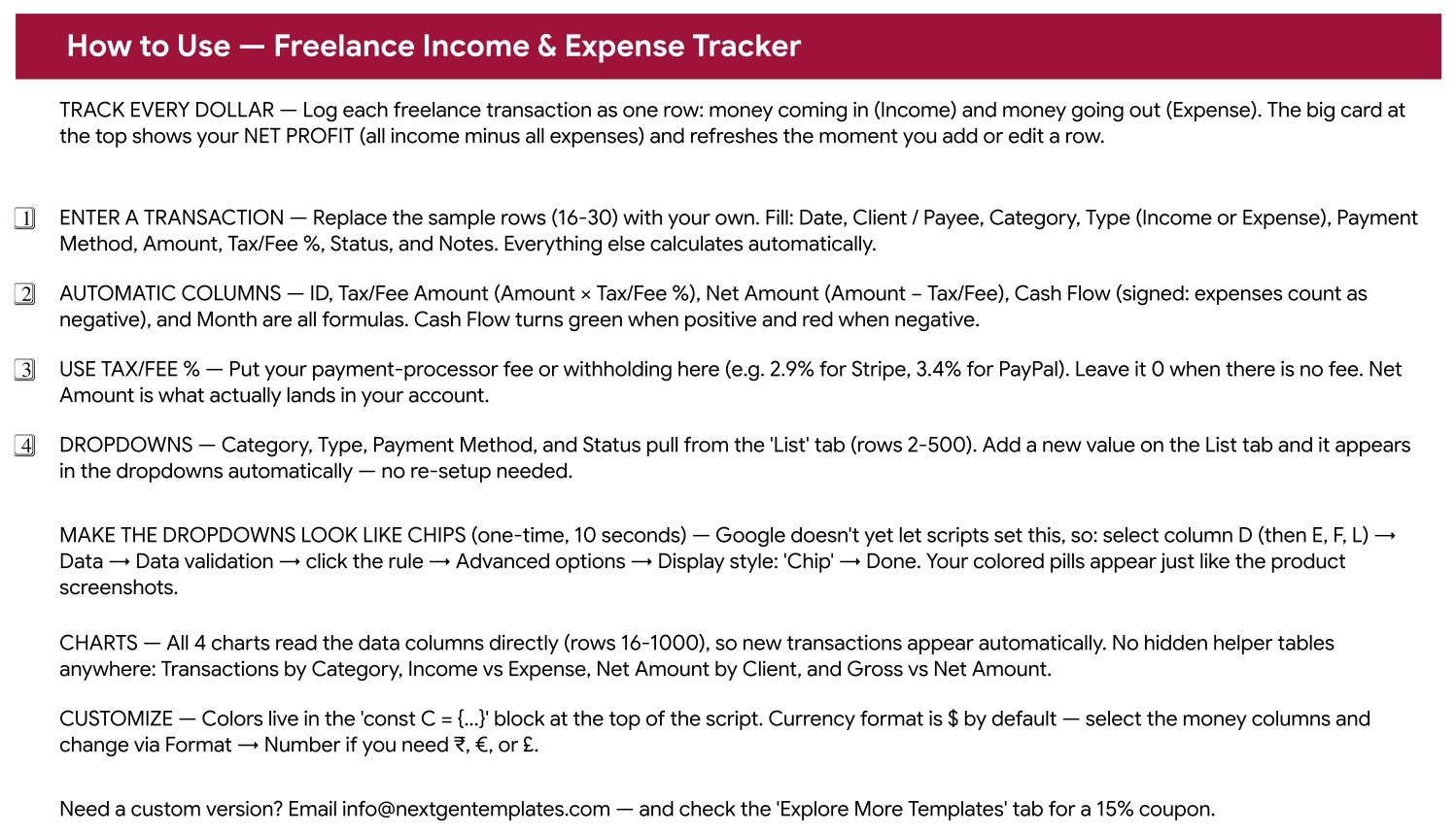 How to Use page of the Freelance Income and Expense Tracker in Google Sheets explaining automatic columns and dropdowns