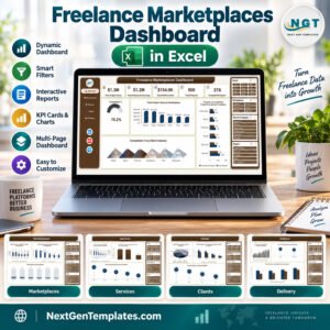 Freelance Marketplaces Dashboard in Excel product cover showing the Overview page on a laptop with all five dashboard pages