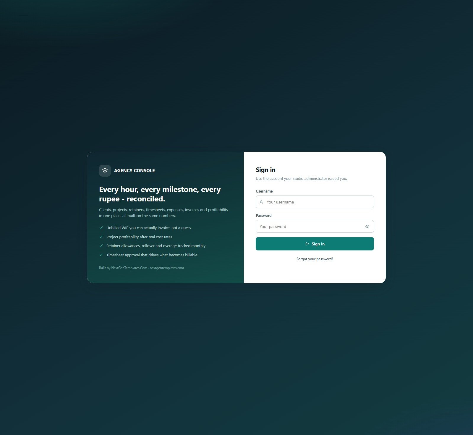 Agency console sign-in screen for the freelancer and agency project management system