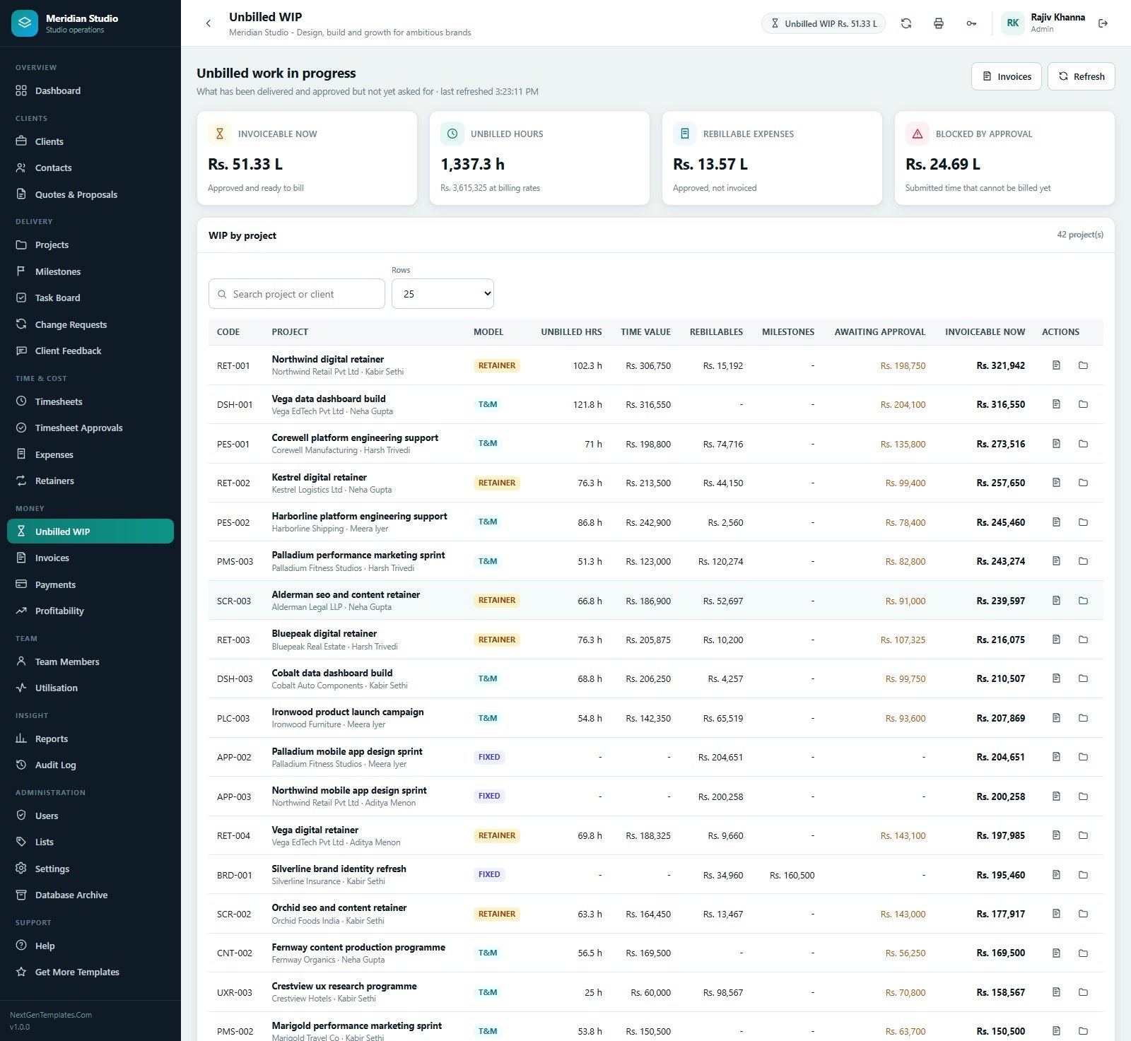 Unbilled work in progress screen listing invoiceable now unbilled hours rebillable expenses and value blocked by approval