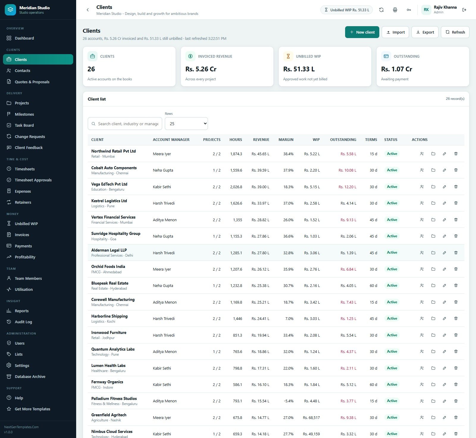 Clients screen listing account manager projects hours revenue margin WIP outstanding and payment terms