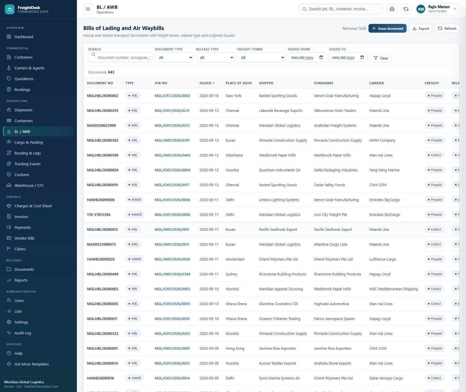 Freight Forwarding Management System - Bills of Lading and Air Waybills