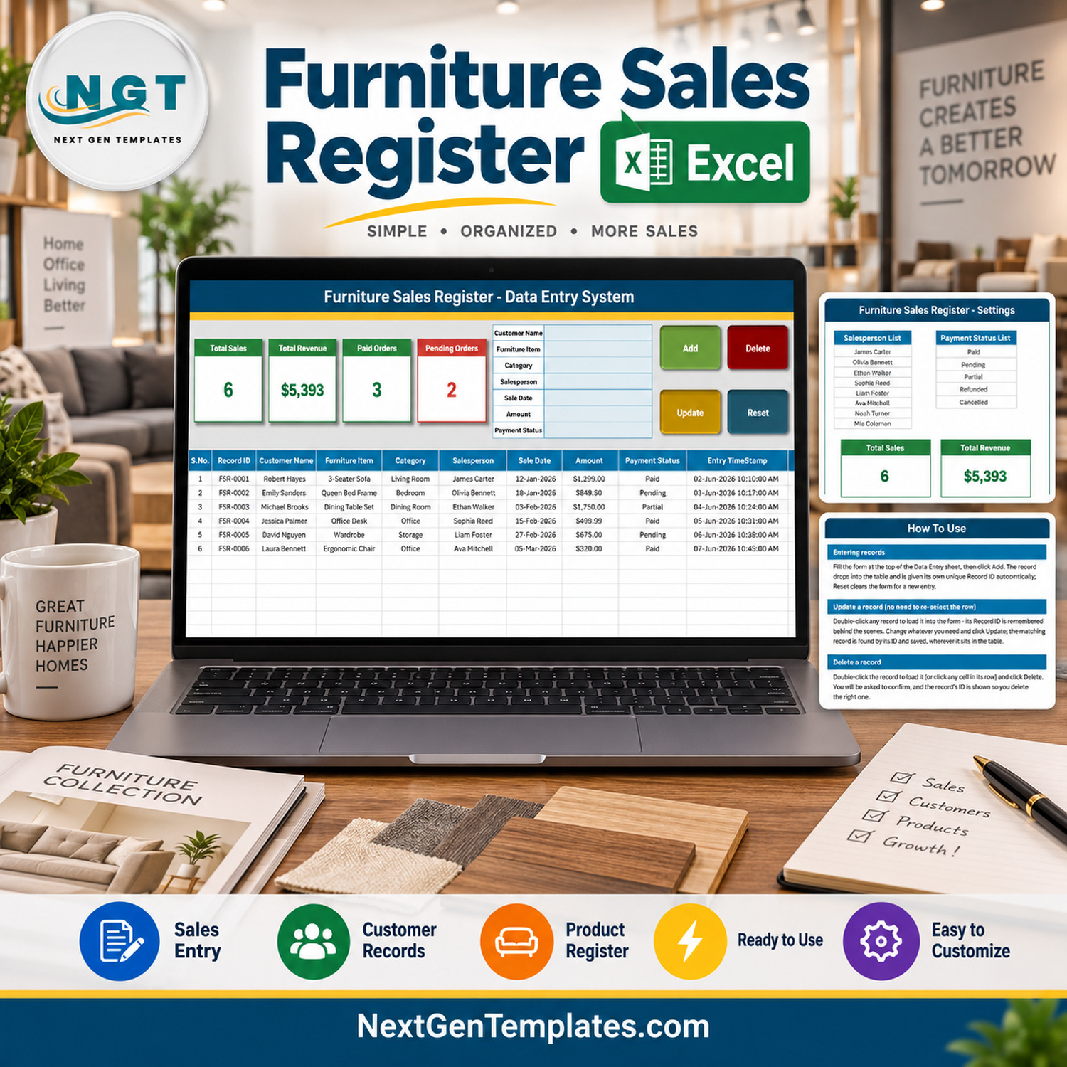 Furniture Sales Register Data Entry System in Excel feature image