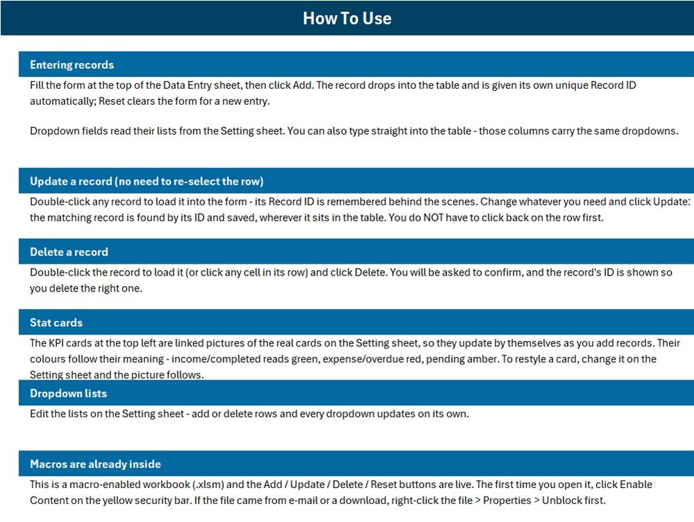 Furniture Sales Register instructions