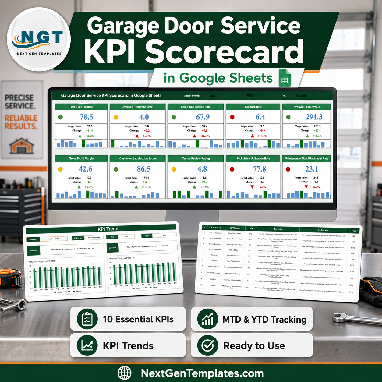 Garage Door Service KPI Scorecard in Google Sheets