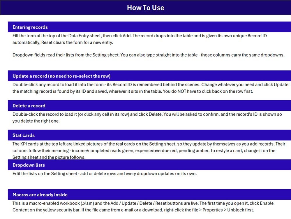 How To Use sheet explaining entering records, updating, deleting, stat cards, dropdown lists and enabling macros