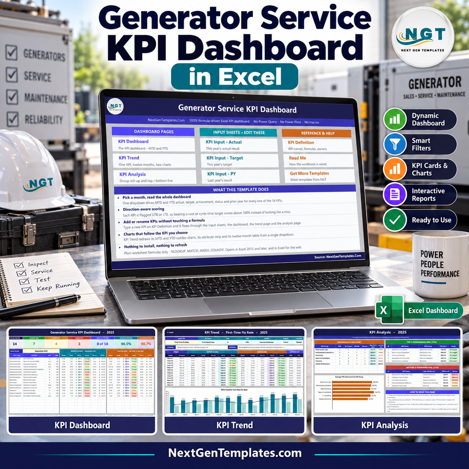 Generator Service KPI Dashboard in Excel
