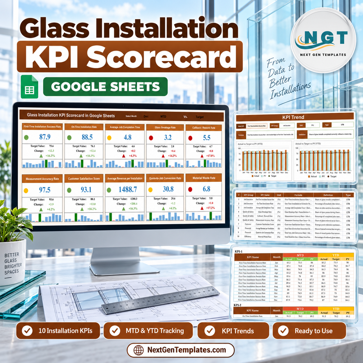 Glass Installation KPI Scorecard in Google Sheets product image