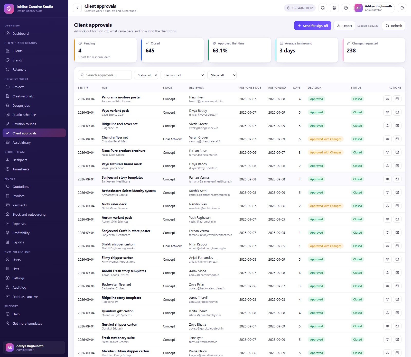 Client approvals page showing review stage response date decision and status