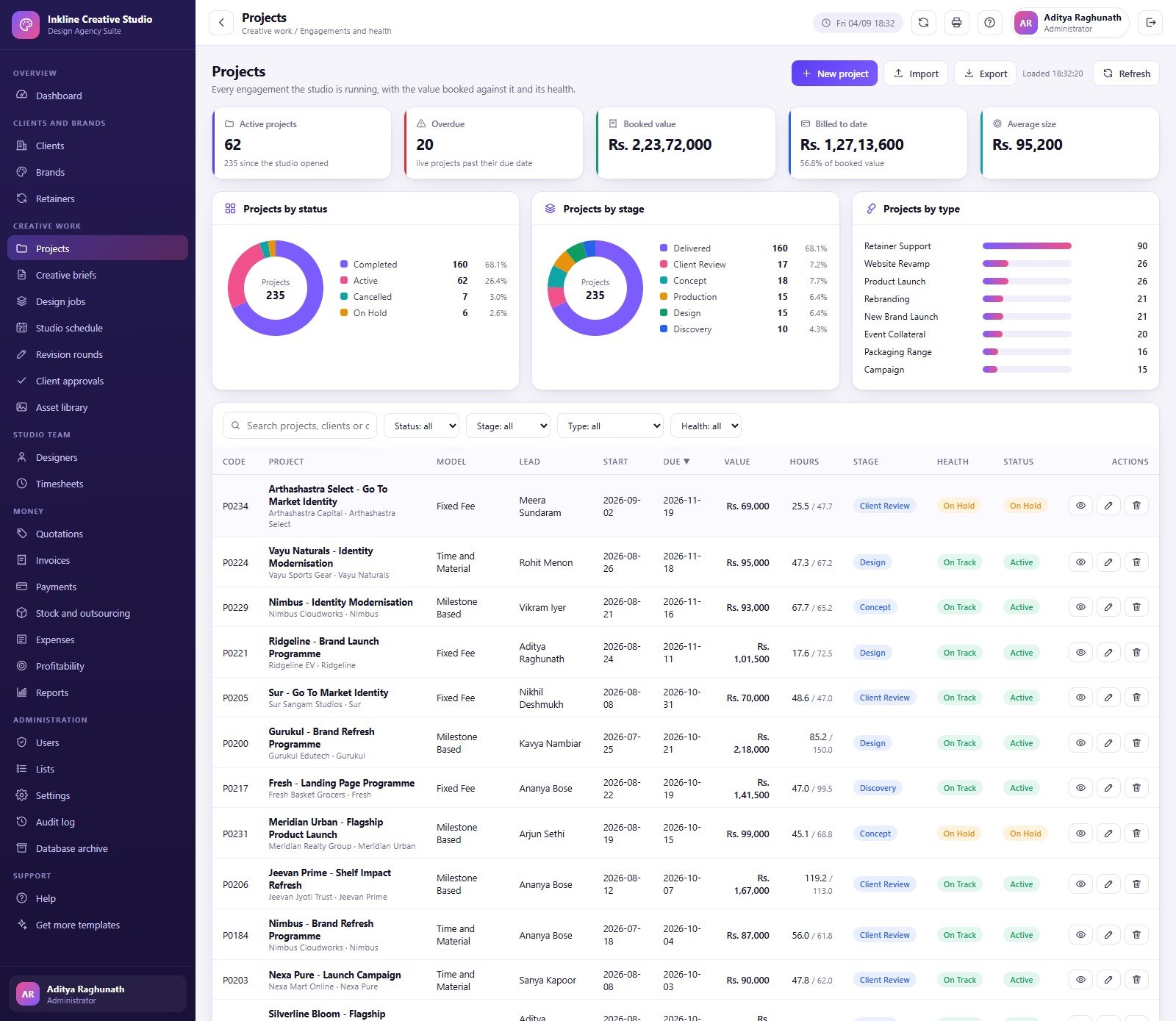 Creative agency projects page with status stage value dates hours and health