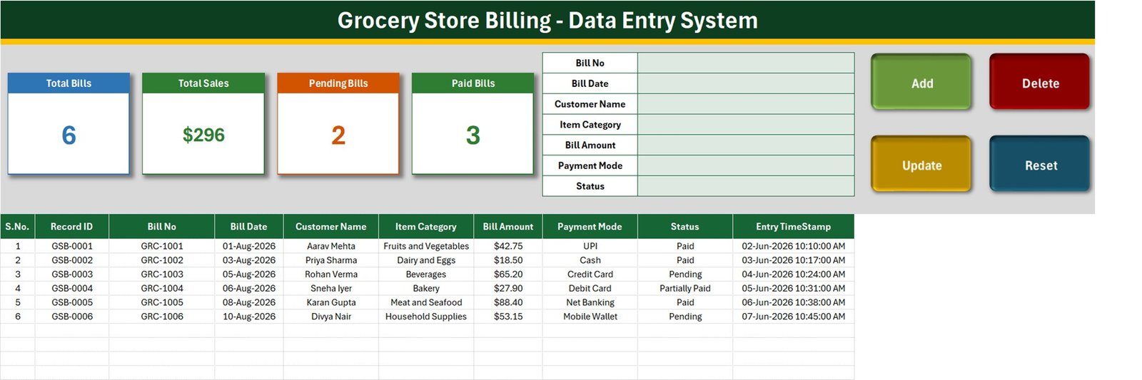 Grocery bill register in Excel - Data Entry sheet