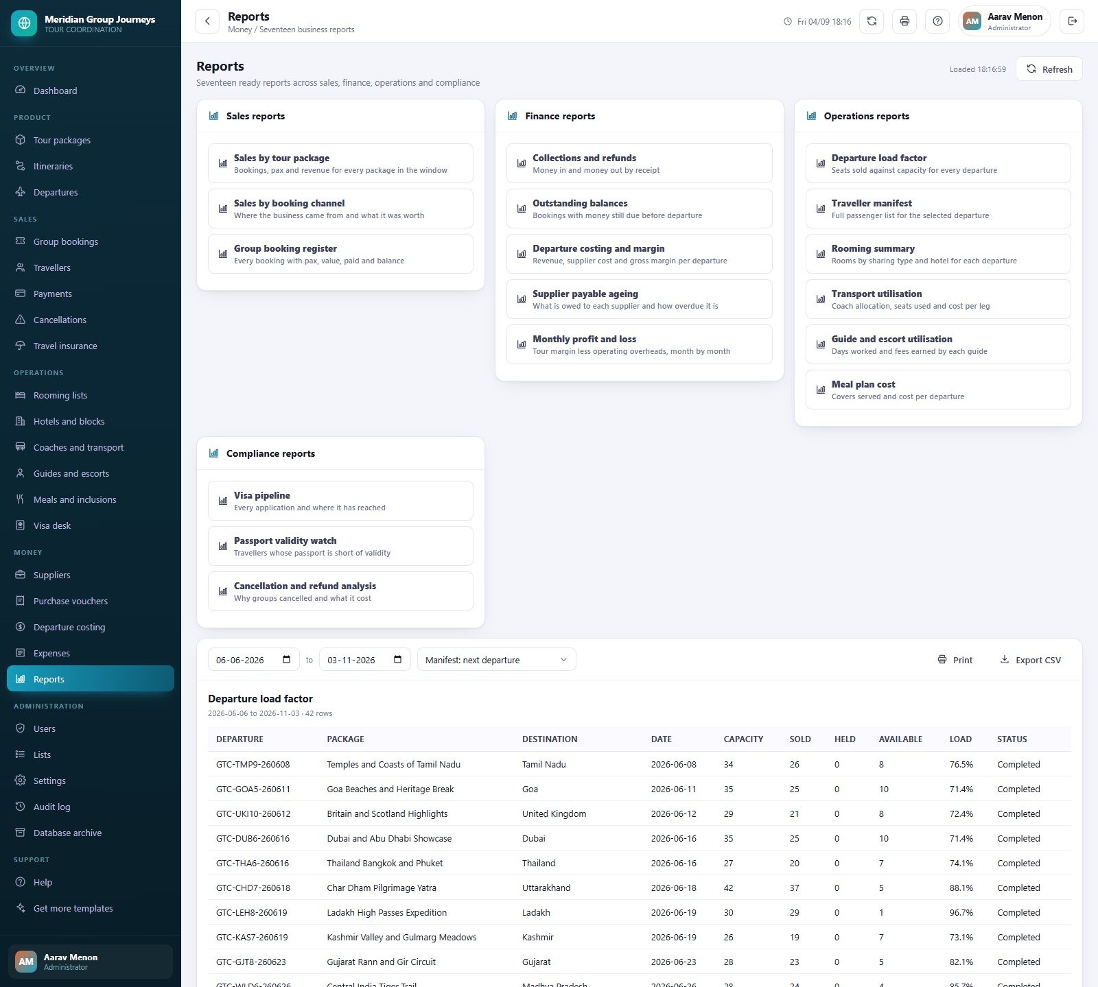 Seventeen built-in reports across sales, finance, operations and compliance