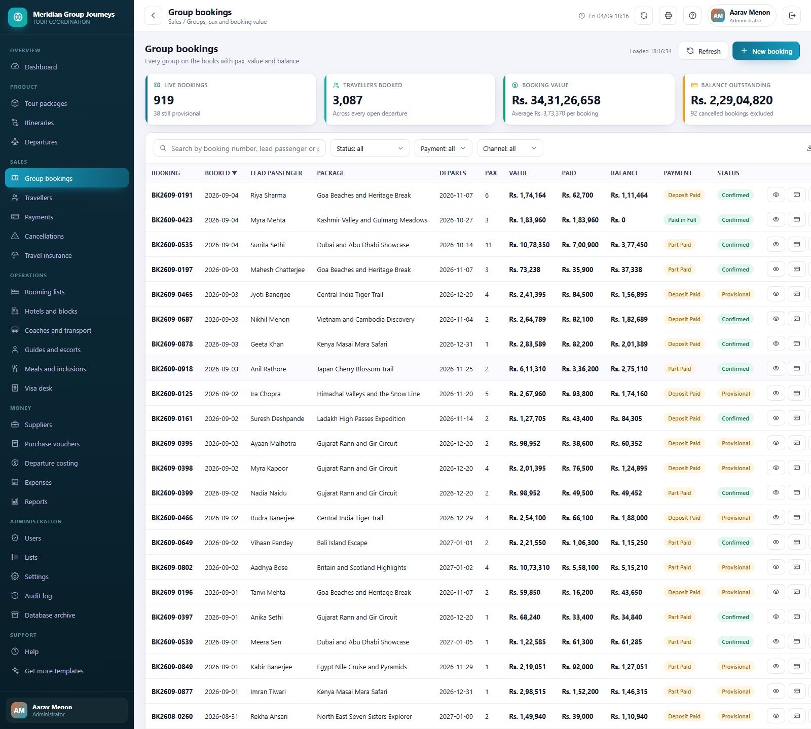 Group bookings register with pax, value, paid and balance