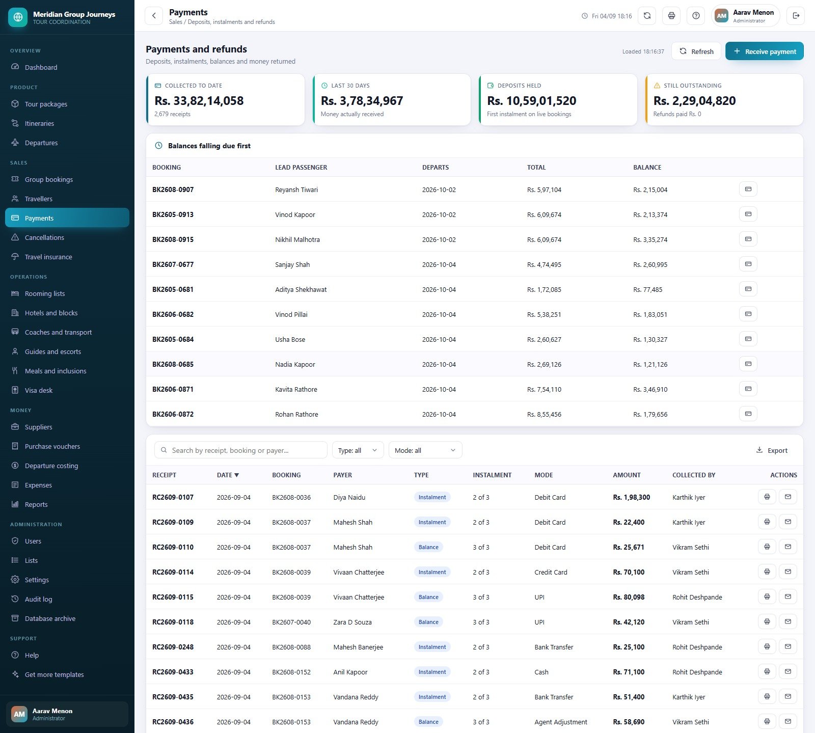 Payments and refunds screen with balances falling due first