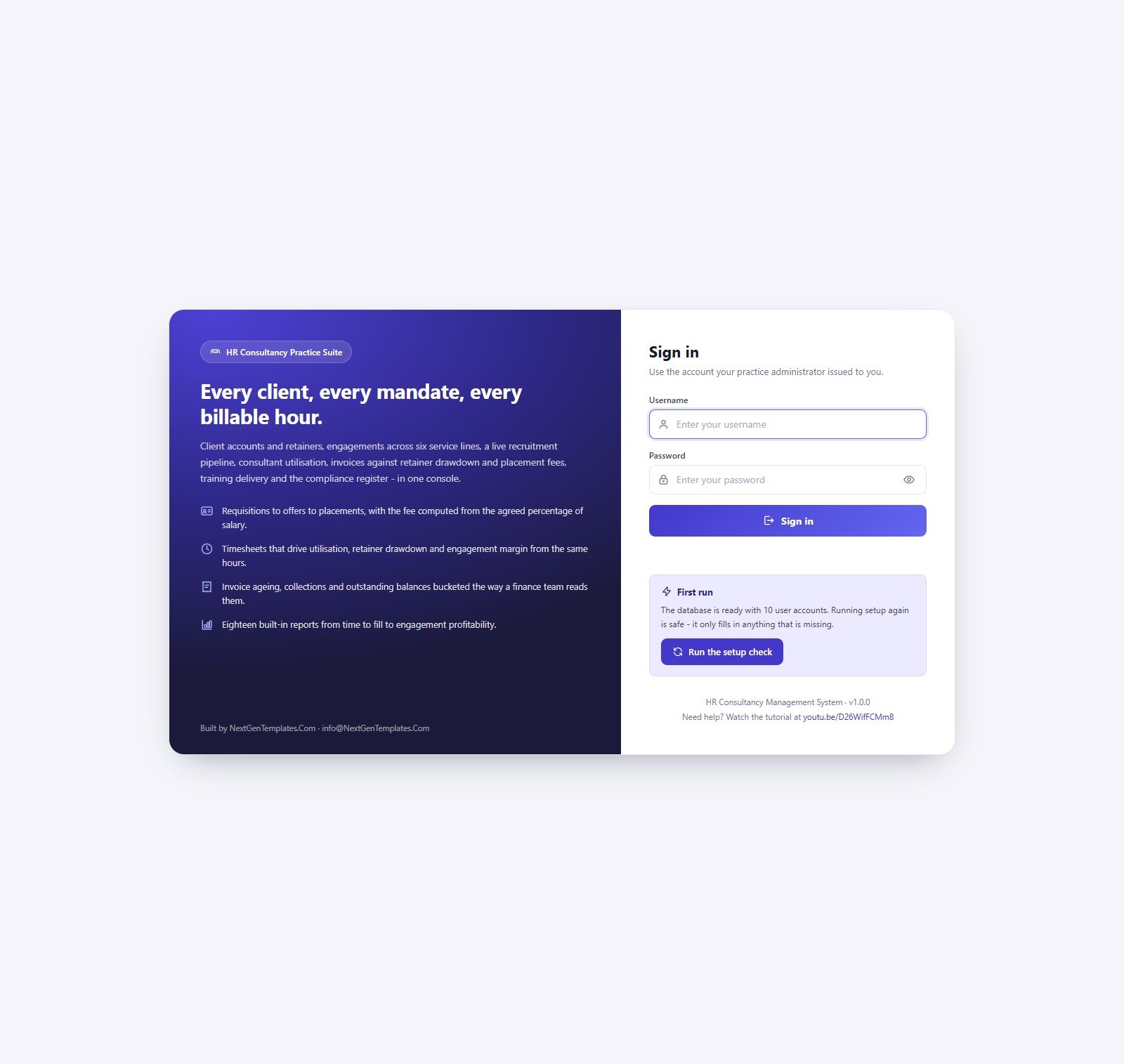 HR Consultancy Management System Web App sign-in screen with role-based access