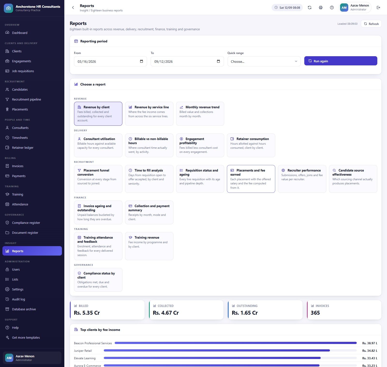 HR Consultancy Management System eighteen built-in business reports