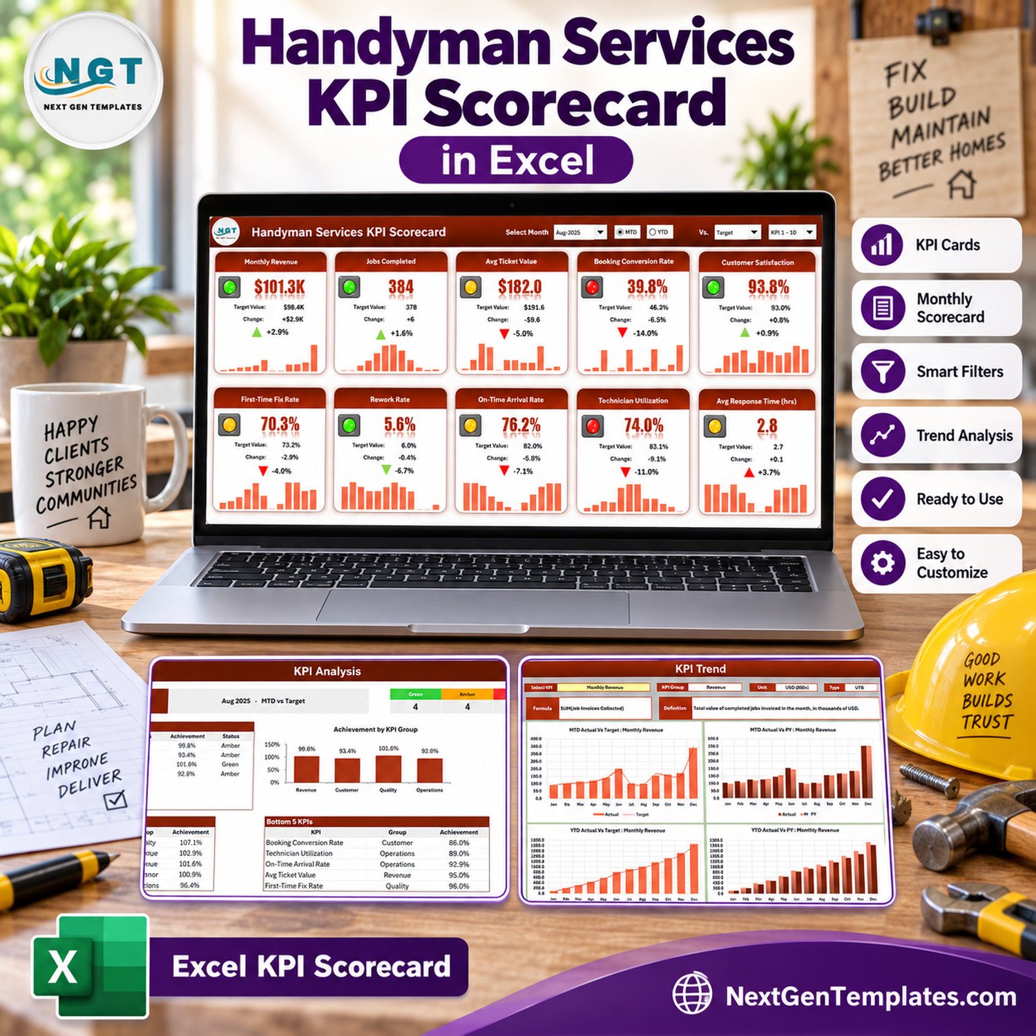 Handyman Services KPI Scorecard in Excel