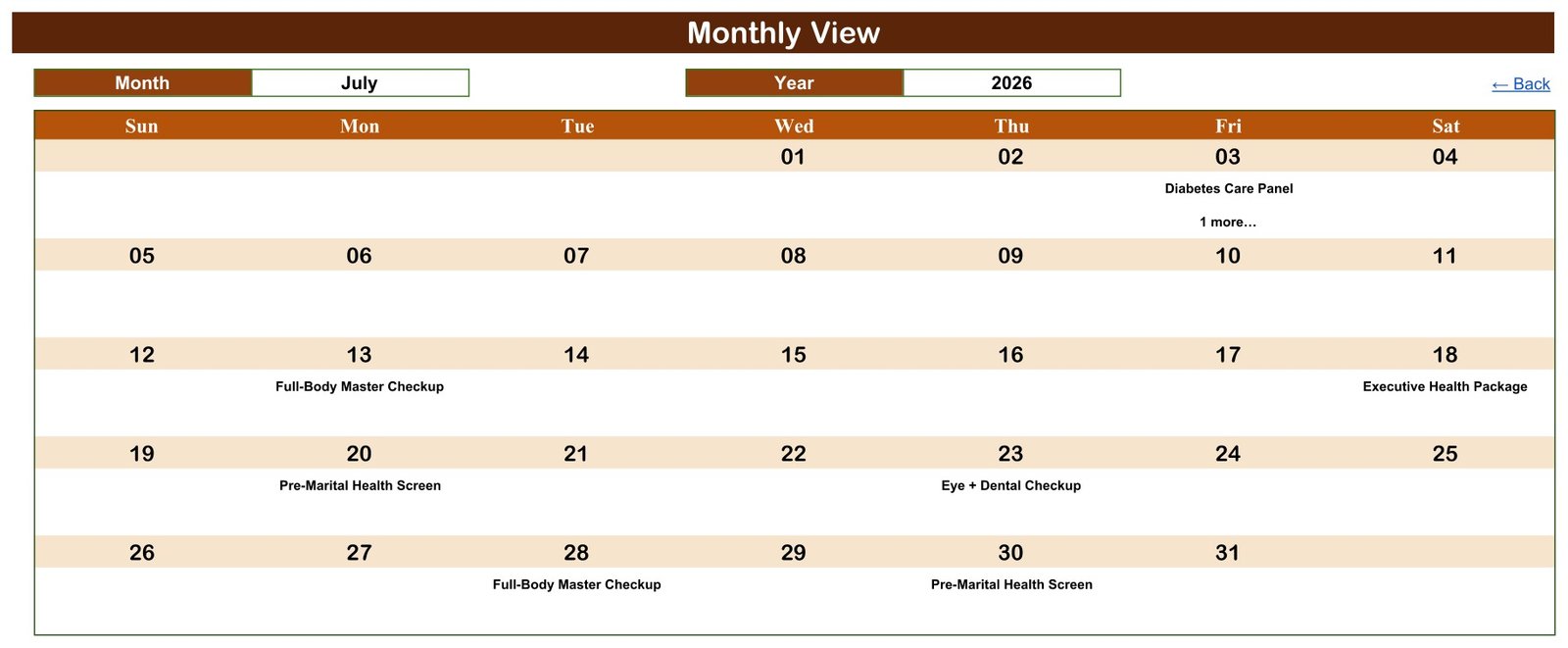 Health Checkup Package Calendar in Google Sheets Monthly View showing July 2026 checkup bookings