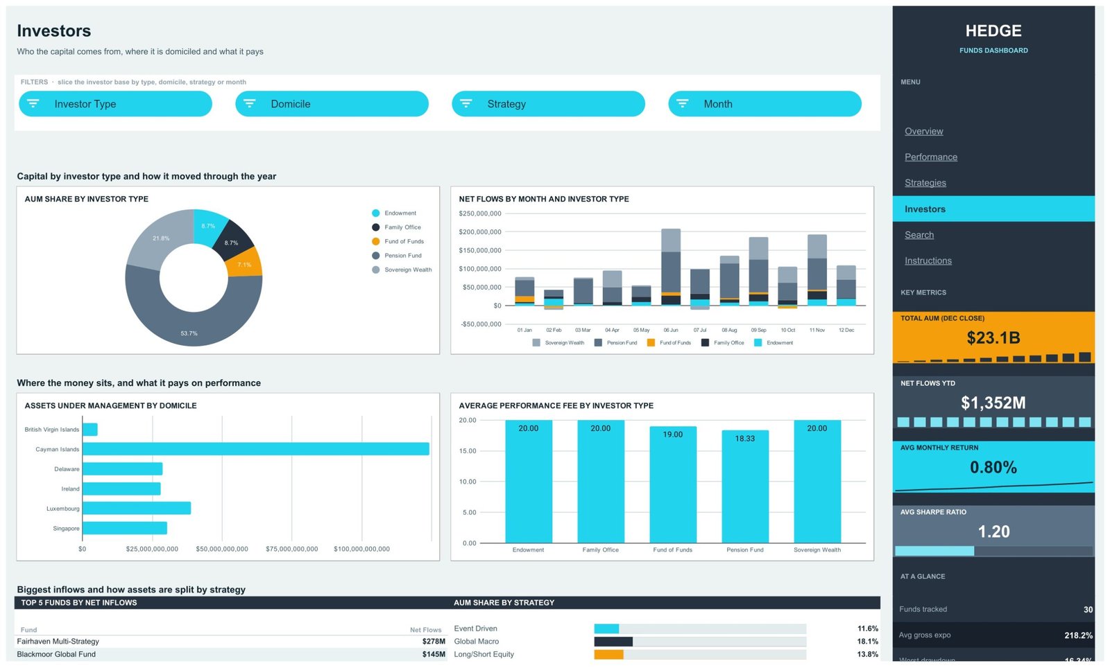 Hedge fund reporting template Investors page with AUM share by investor type and domicile