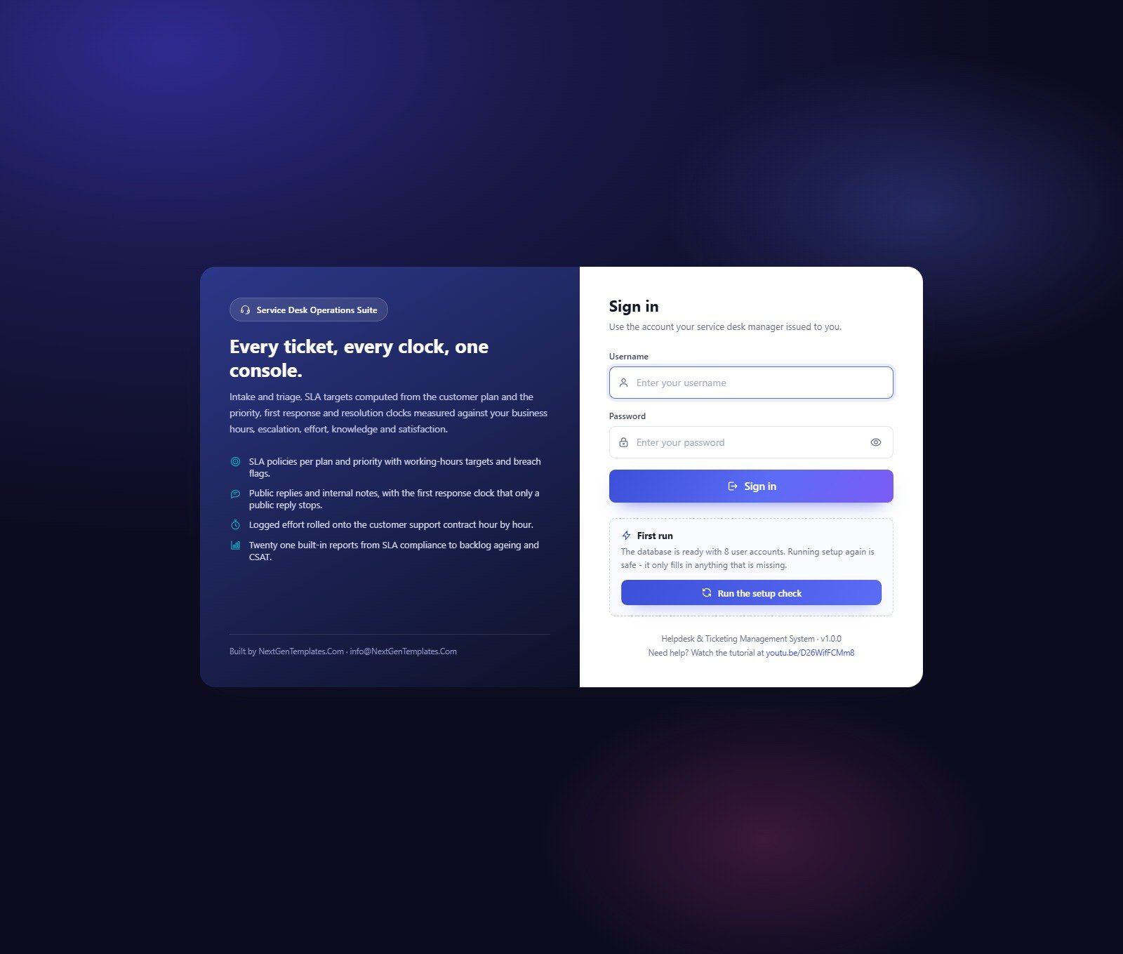 Helpdesk ticketing management system - sign in screen