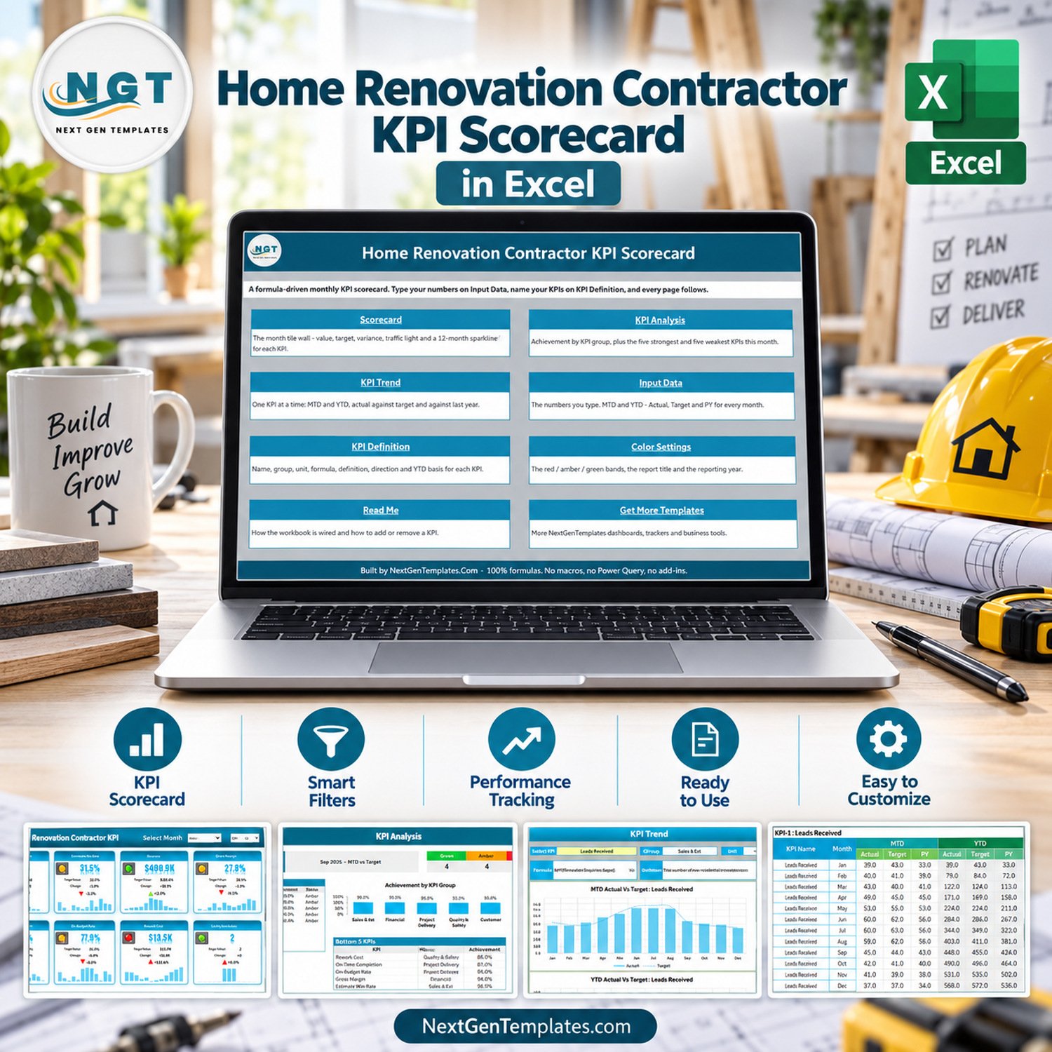 Home Renovation Contractor KPI Scorecard in Excel