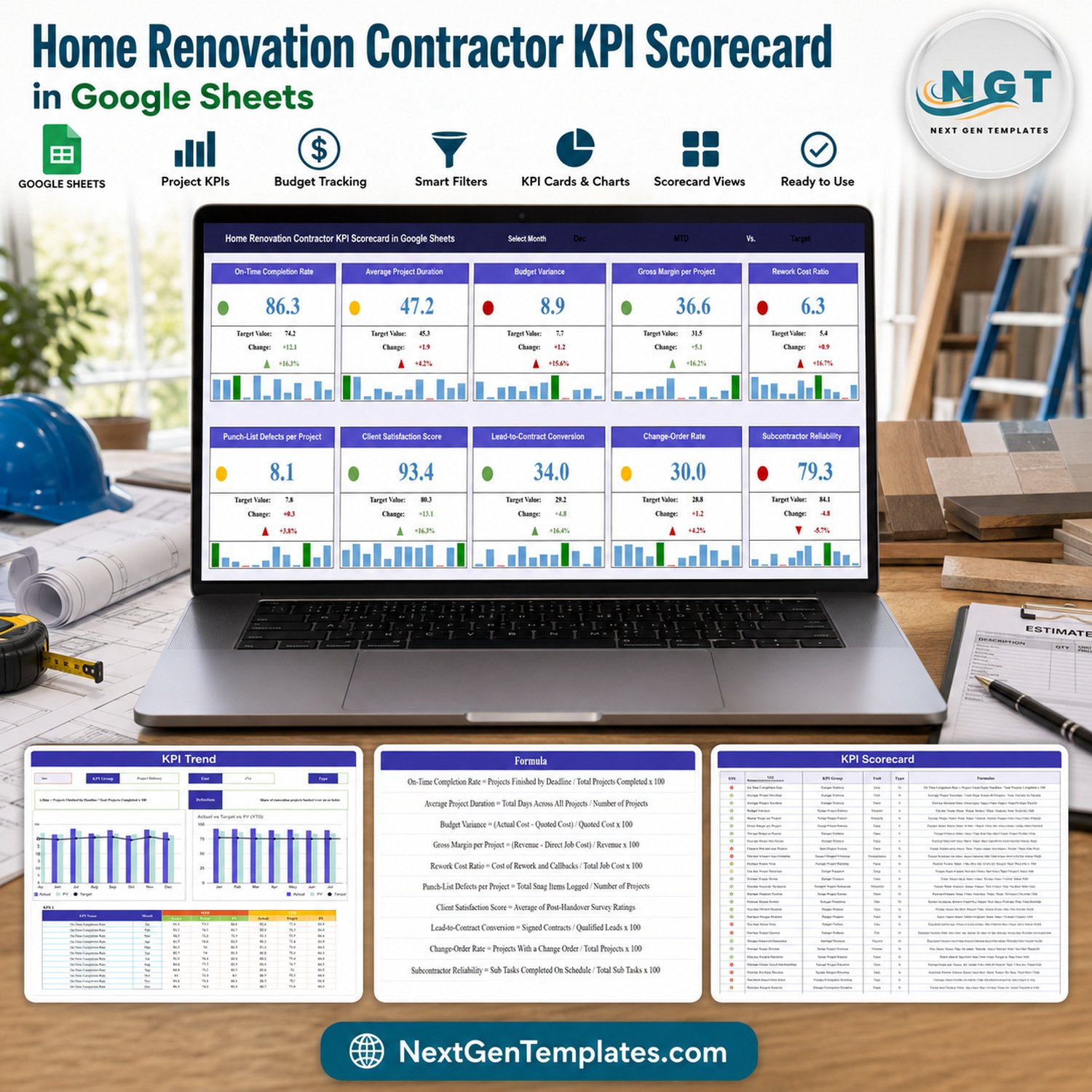 Home Renovation Contractor KPI Scorecard in Google Sheets feature image