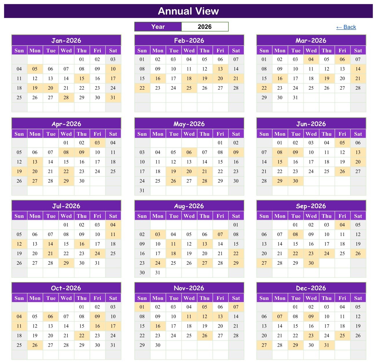 Hospital bed turnover calendar annual view