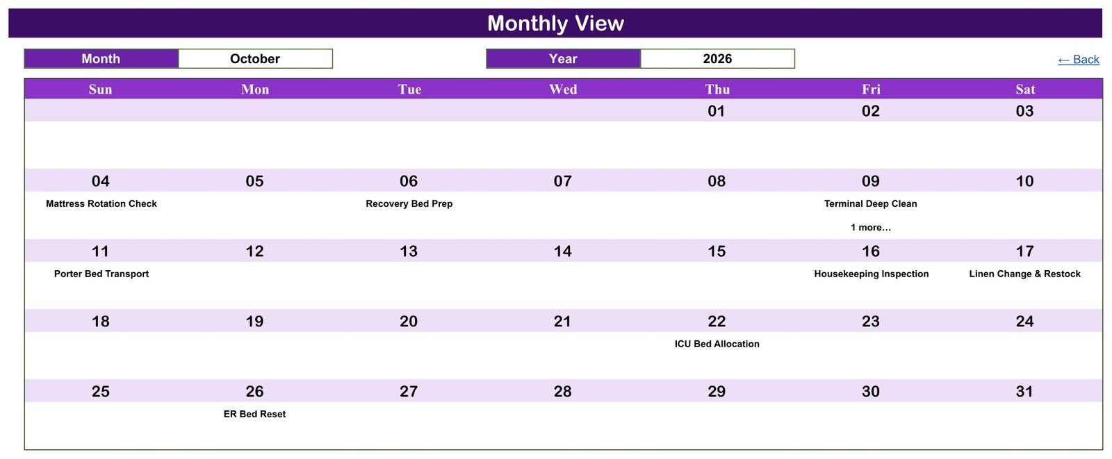 Hospital bed turnover calendar monthly view