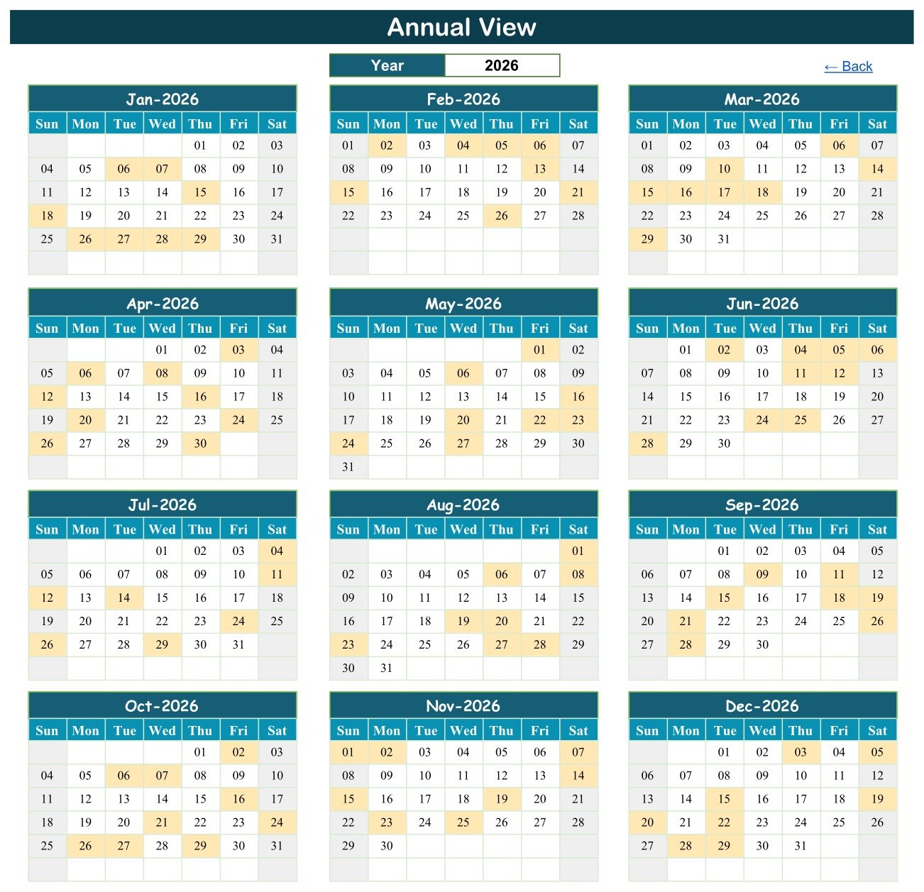 Hostel duty roster annual view with twelve month grids
