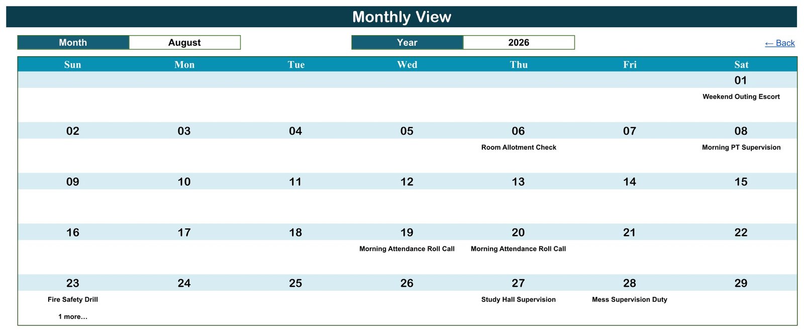 Hostel warden duty calendar monthly view in Google Sheets