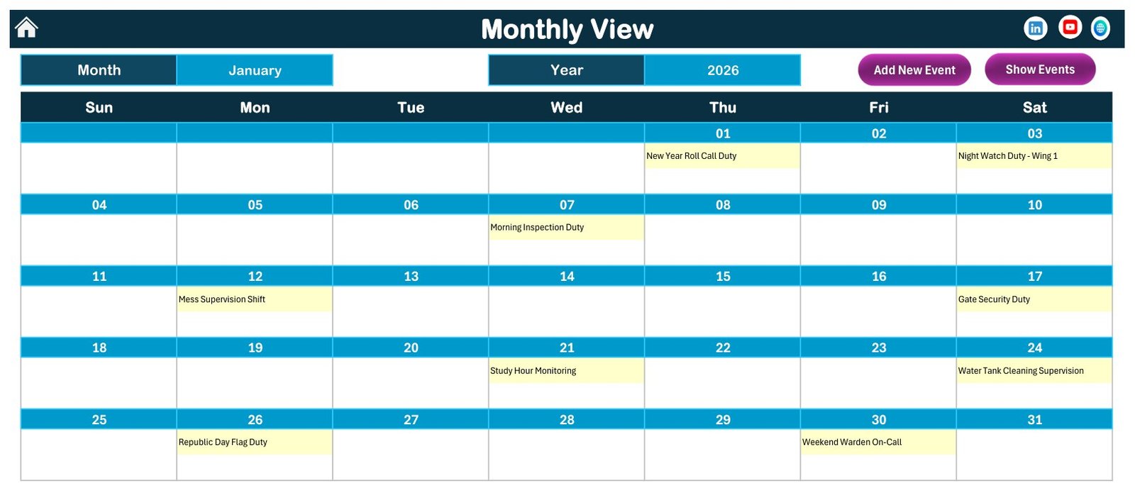 Monthly hostel duty roster calendar view in Excel